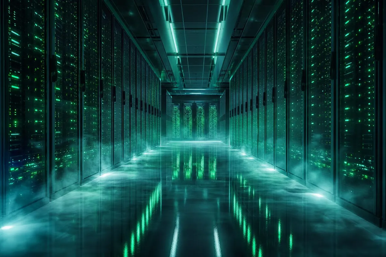 Cinematic AI data center corridor with rows of glowing emerald-green server cabinets and reflective floor.